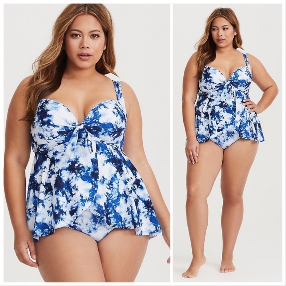 Torrid Tie Dye Blue White Skirted One Piece, M 10 - Picture 2 of 8